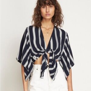 Faithfull the Brand Olson Blue & White Striped Tie Front Crop Blouse Top